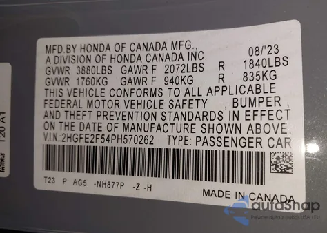 2023 Honda Civic Sport from USA, damaged, VIN 2HGFE2F54PH570262